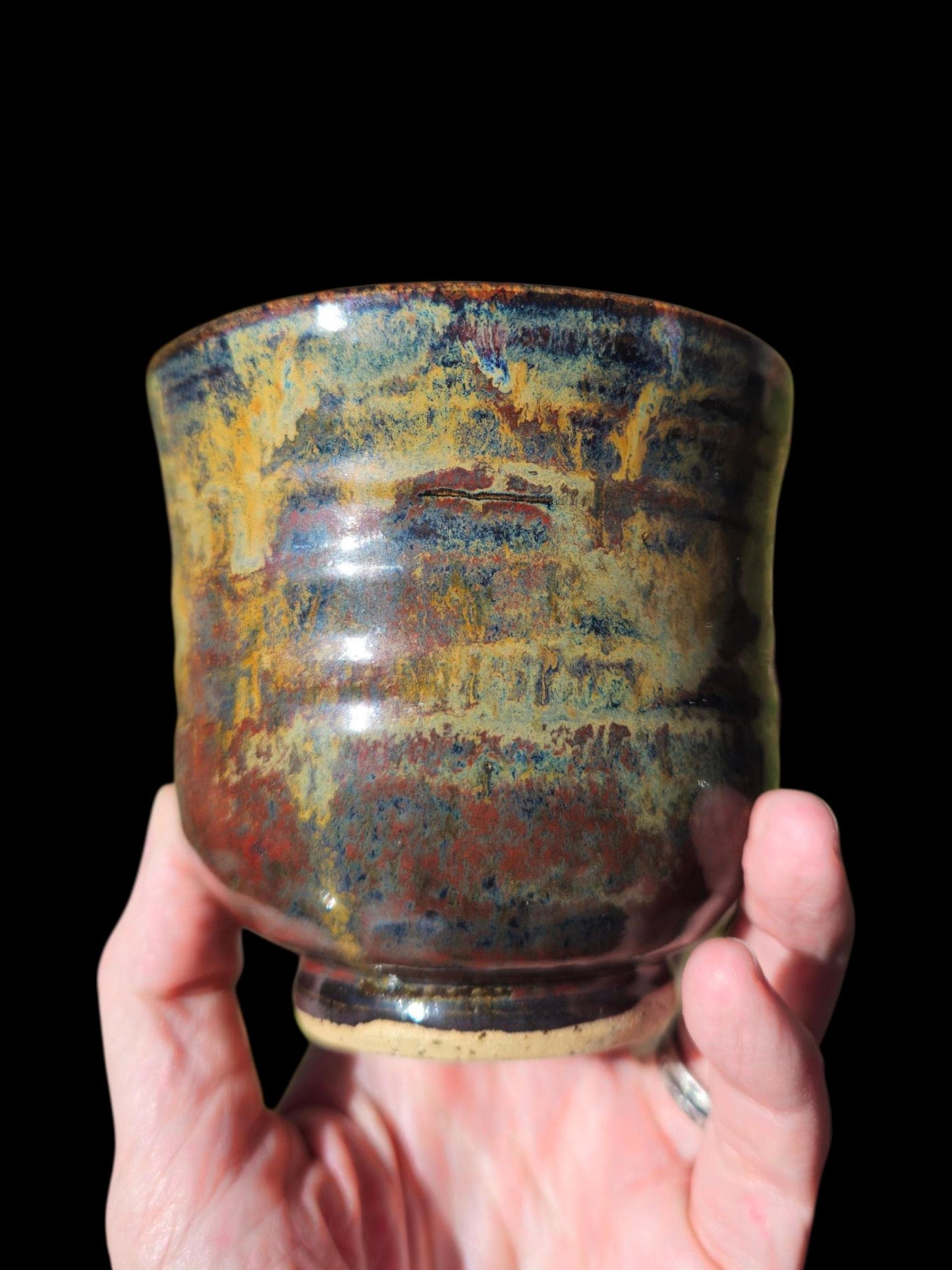 Born in Fire Glazed Ceramic yunomi footed Cup: Handmade Pottery, stoneware 8 ounces