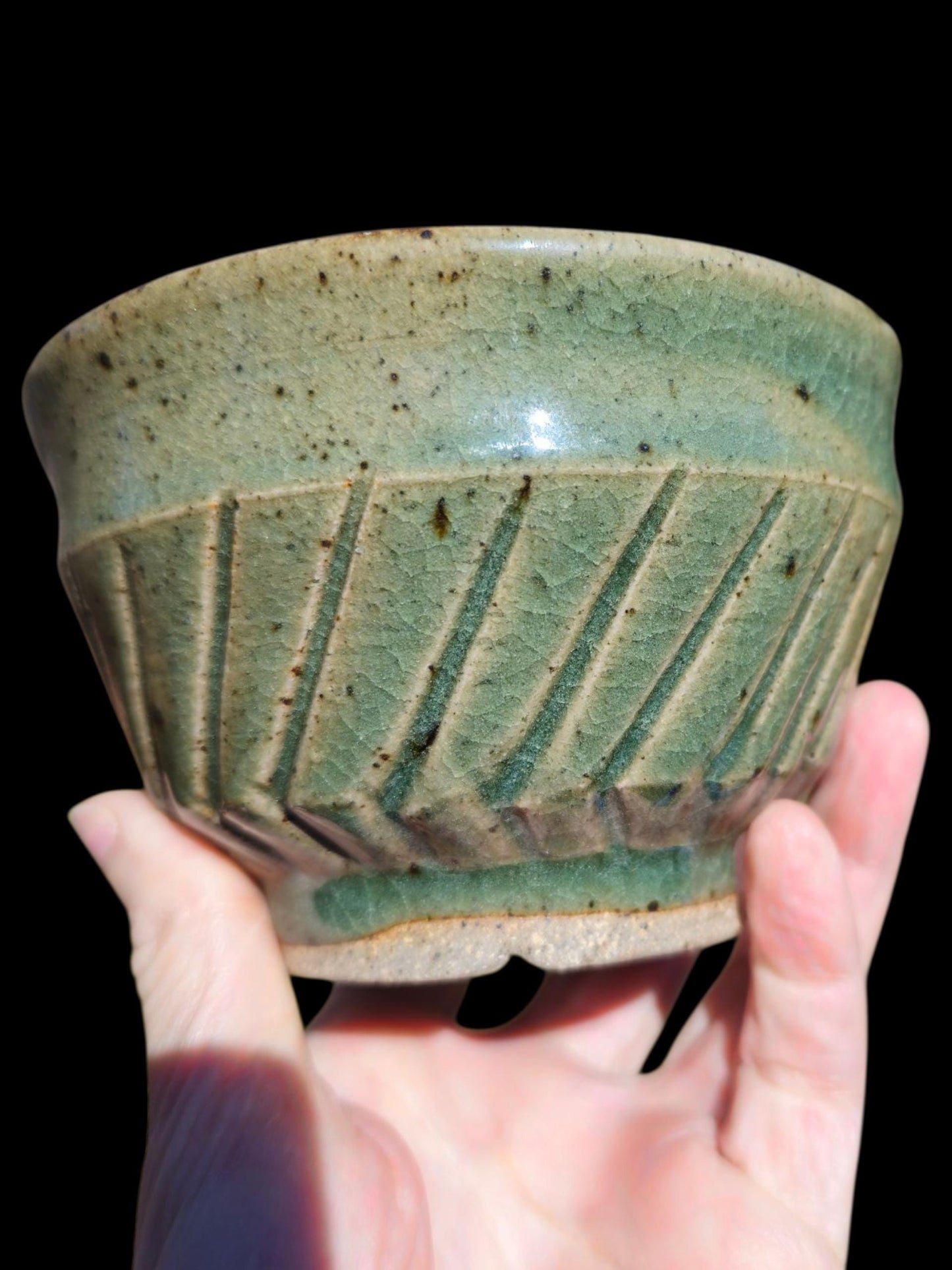 Handmade Footed Chawan Tea Bowl – Iron Green Celadon Crackle, Carved Stoneware, Japanese-Inspired