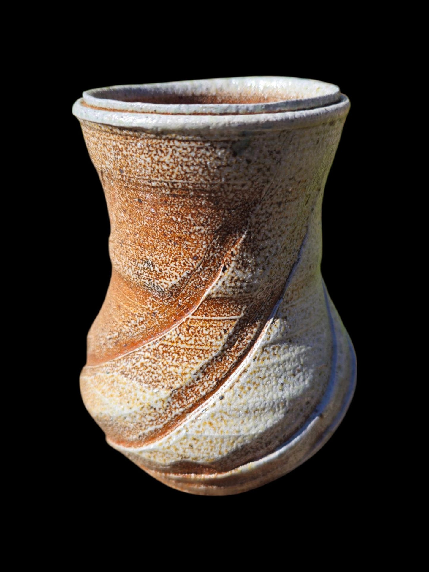 Handmade soda fired Sculptural vase 6" Ceramic: Nature inspired carved spiral Rustic