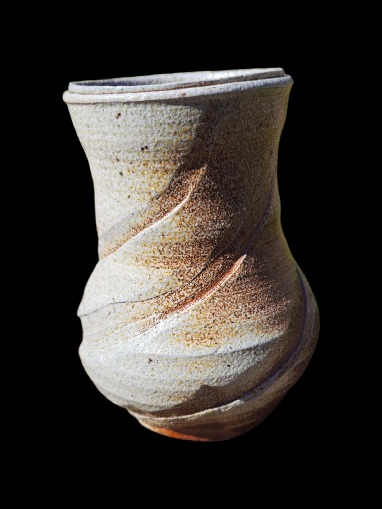 Handmade soda fired Sculptural vase 6" Ceramic: Nature inspired carved spiral Rustic