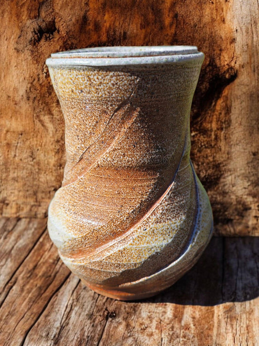 Handmade soda fired Sculptural vase 6" Ceramic: Nature inspired carved spiral Rustic