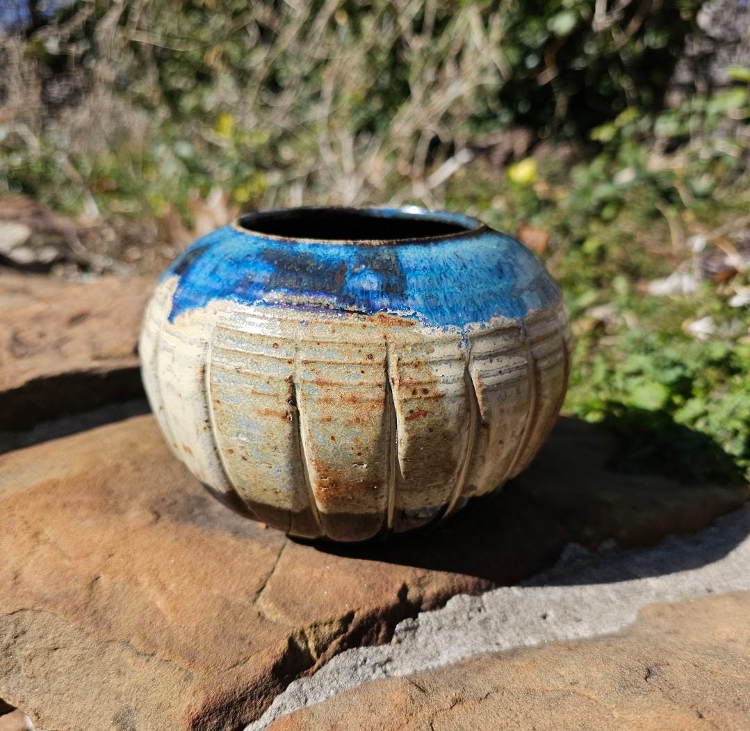 Handcrafted Fluted Ceramic Vase – Blue Gradient Glaze, Signed Art Vessel