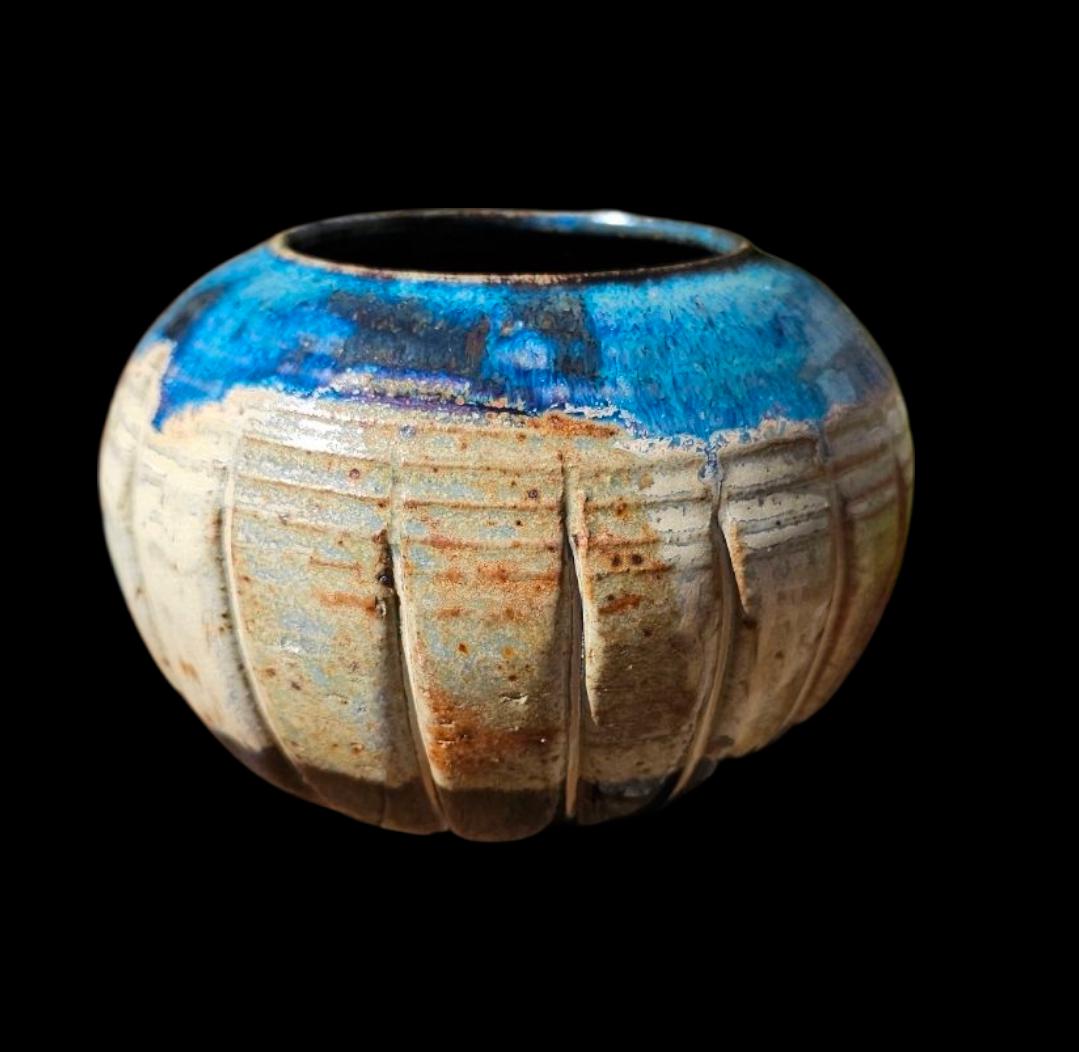Handcrafted Fluted Ceramic Vase – Blue Gradient Glaze, Signed Art Vessel