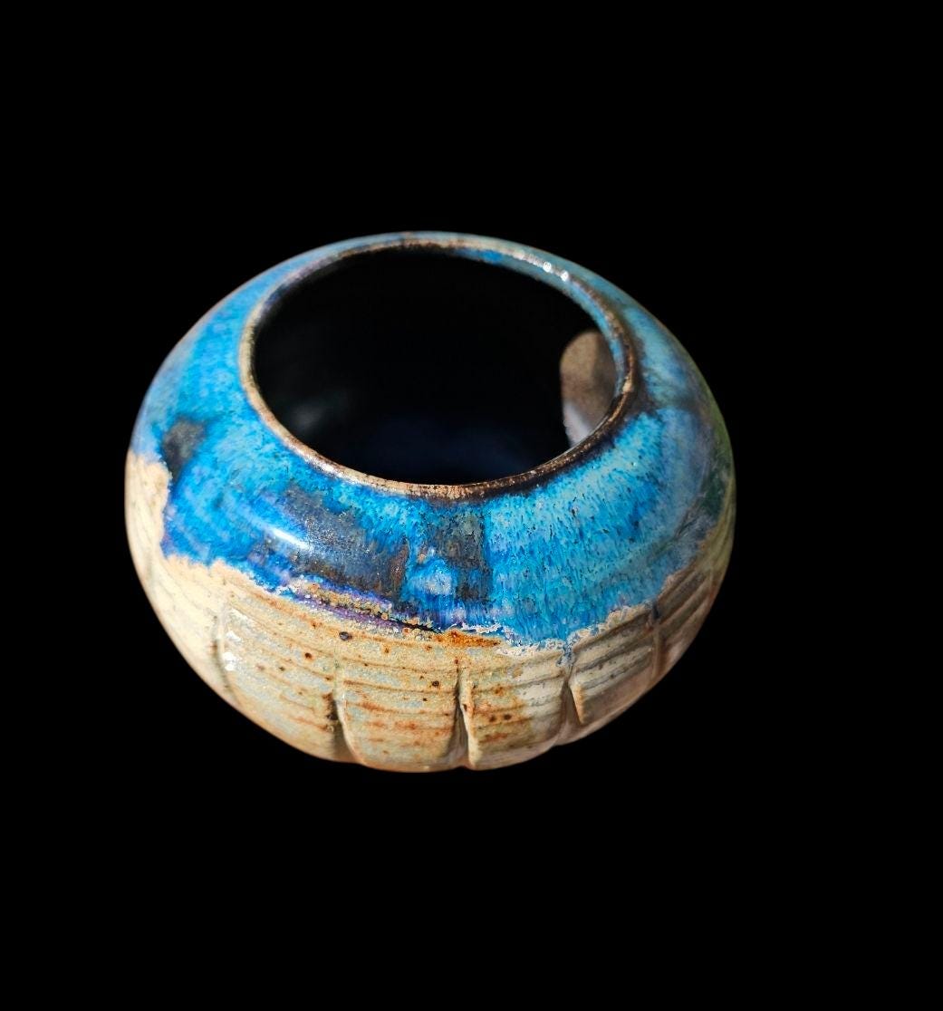 Handcrafted Fluted Ceramic Vase – Blue Gradient Glaze, Signed Art Vessel
