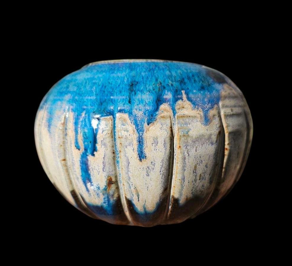 Handcrafted Fluted Ceramic Vase – Blue Gradient Glaze, Signed Art Vessel