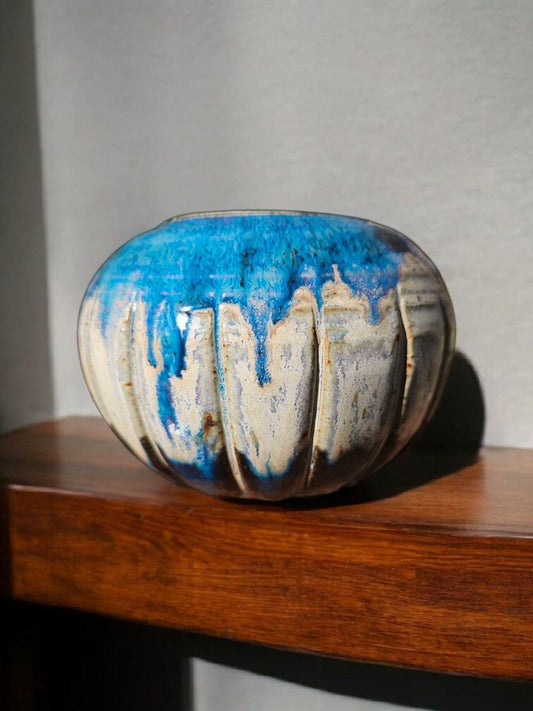 Handcrafted Fluted Ceramic Vase – Blue Gradient Glaze, Signed Art Vessel