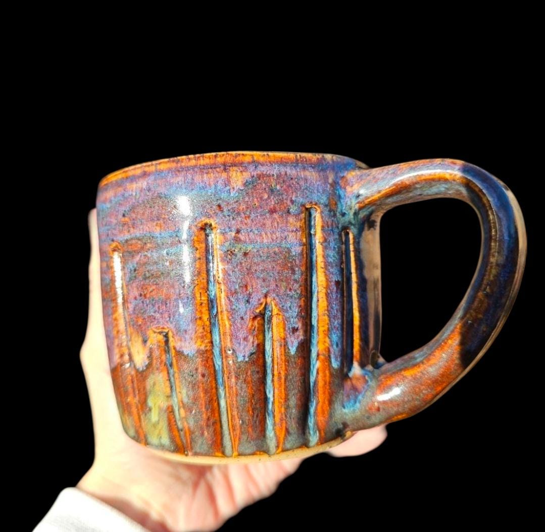 Handmade Sunset Cascade Mug • Carved Stoneware Coffee Cup