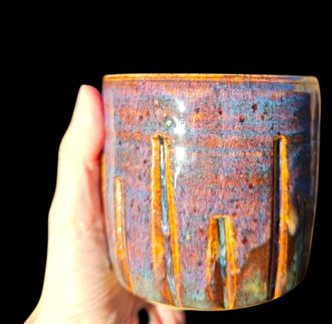 Handmade Sunset Cascade Mug • Carved Stoneware Coffee Cup