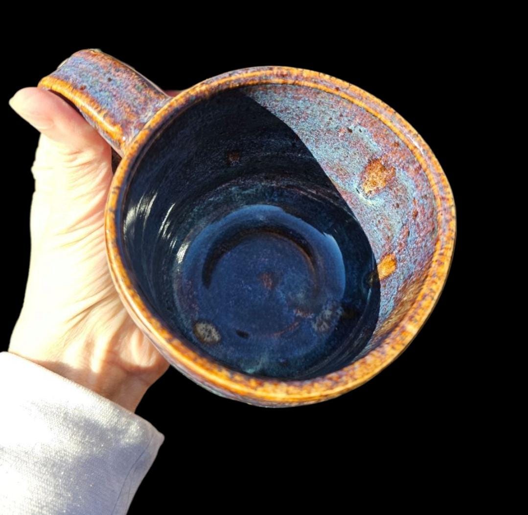Handmade Sunset Cascade Mug • Carved Stoneware Coffee Cup