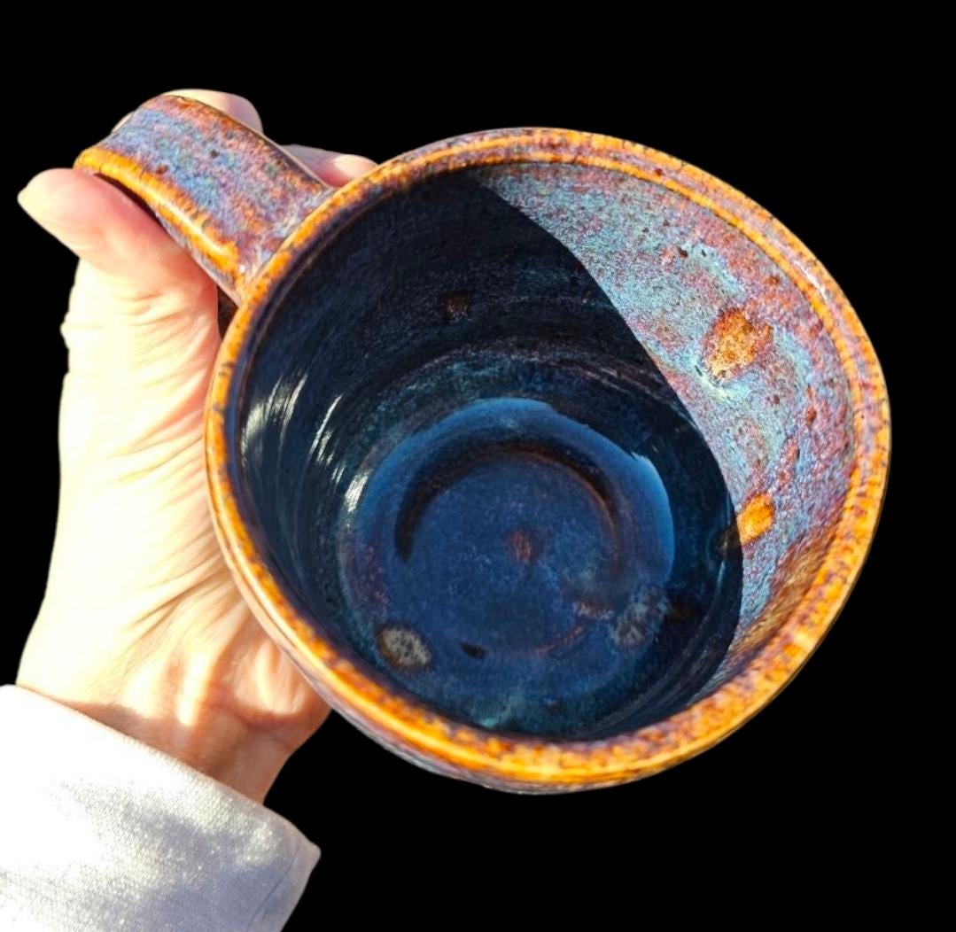 Handmade Sunset Cascade Mug • Carved Stoneware Coffee Cup