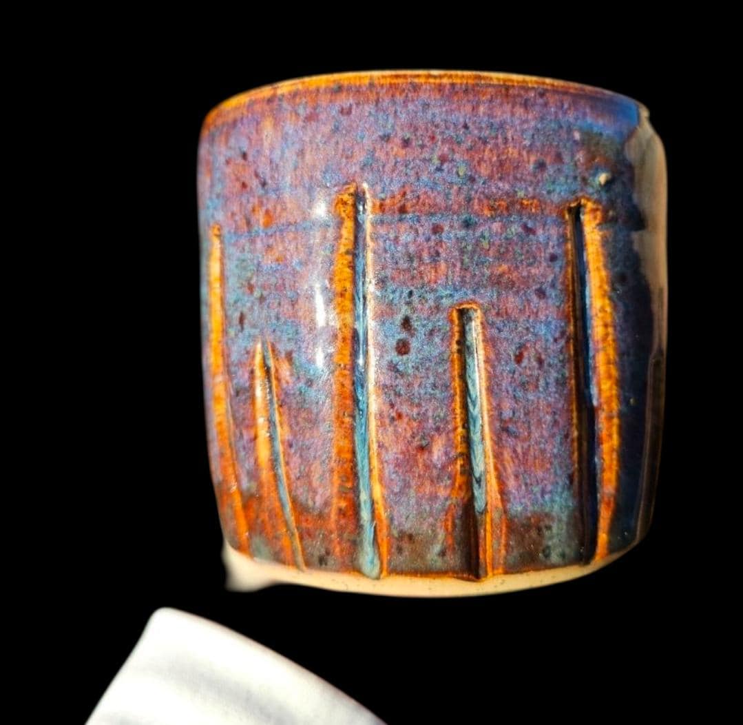 Handmade Sunset Cascade Mug • Carved Stoneware Coffee Cup