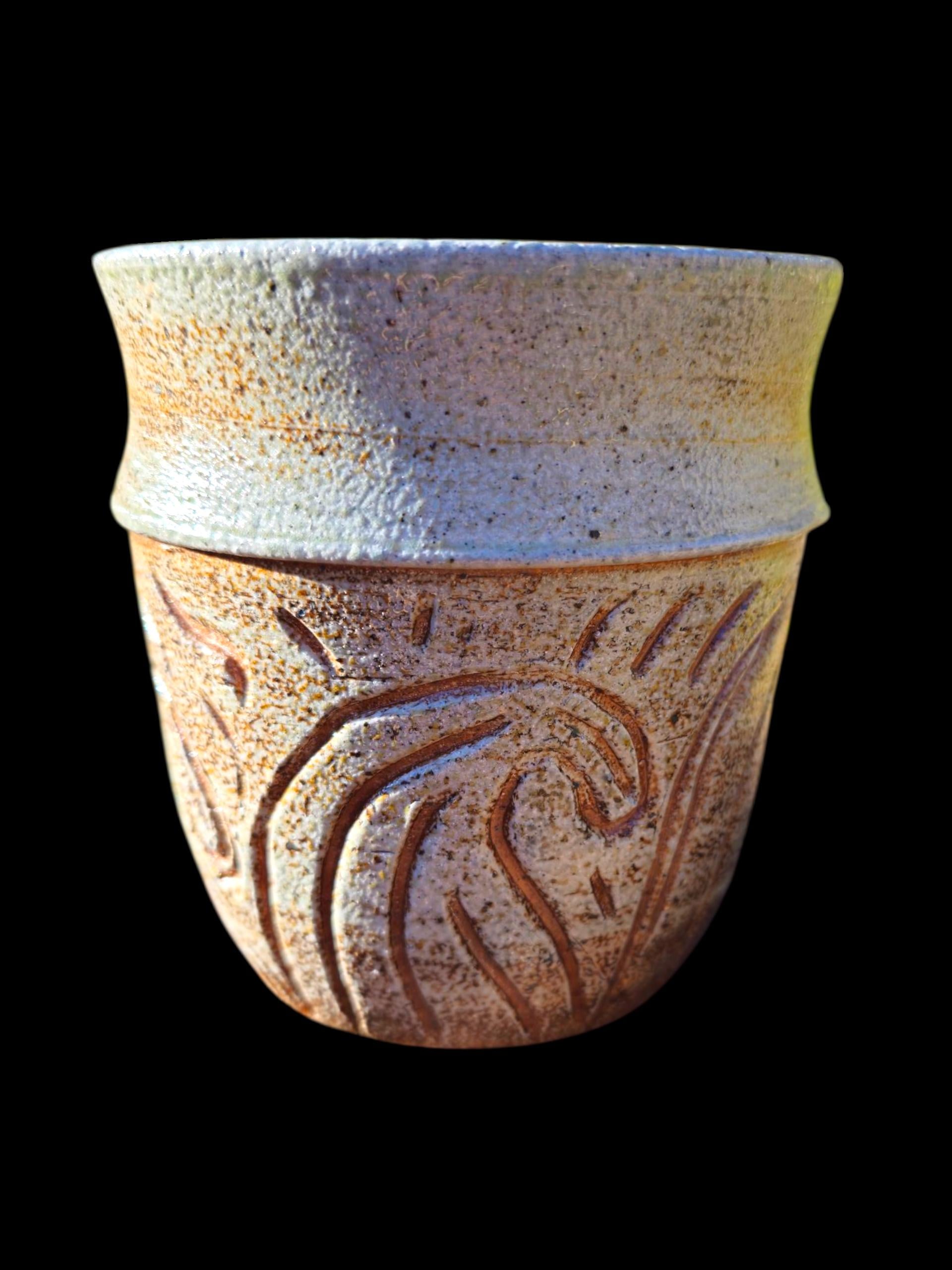 Soda-Fired Stoneware Vase • Hand-Carved Waves, Sculptural Ceramic Art