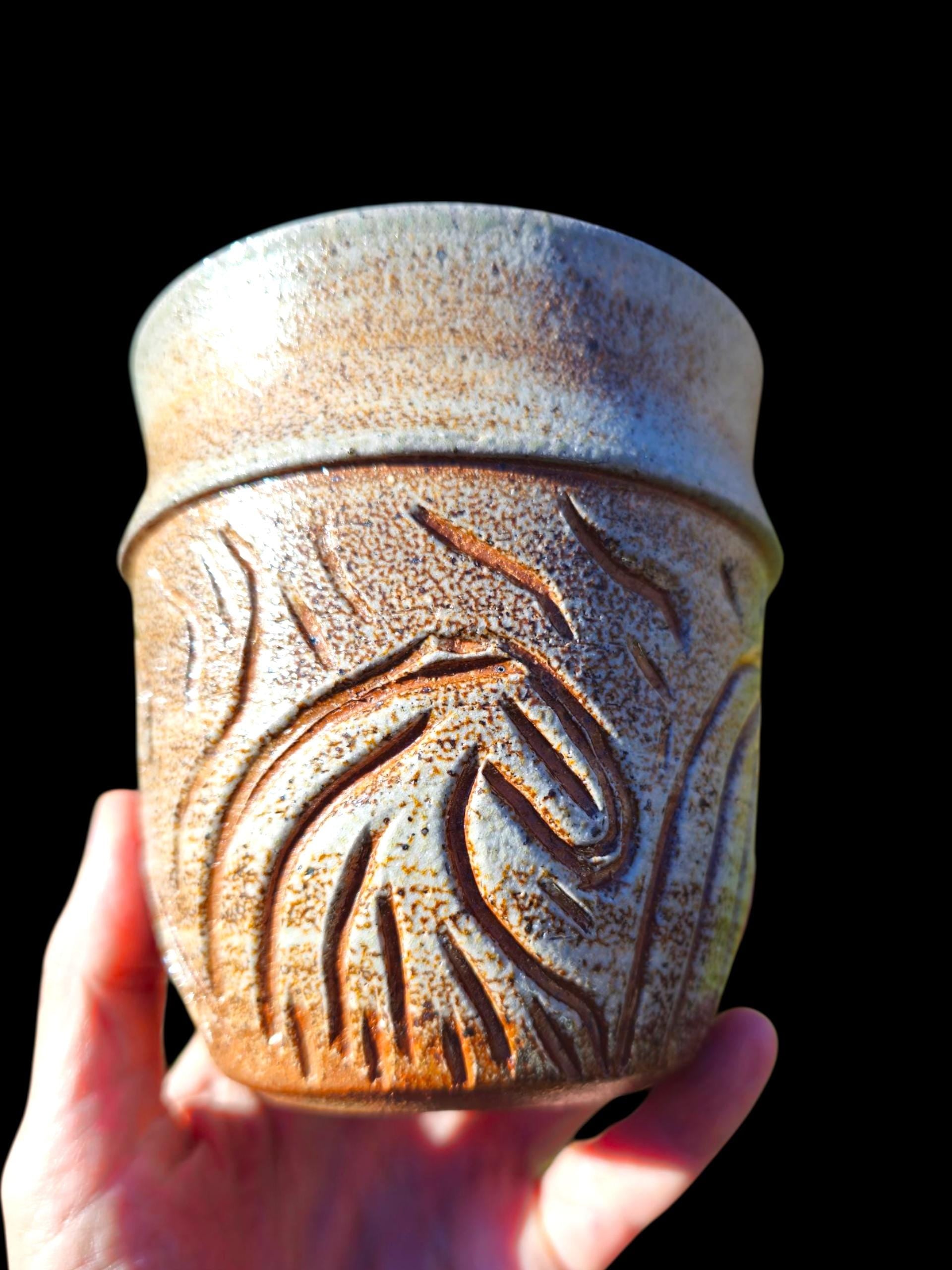 Soda-Fired Stoneware Vase • Hand-Carved Waves, Sculptural Ceramic Art