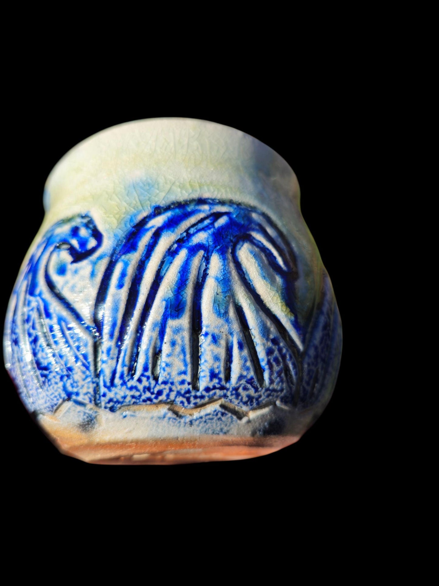 Soda Fired Waves Pot Carved Shino Stoneware Ceramic Art Cobalt Beach Sun Motif 4.5"