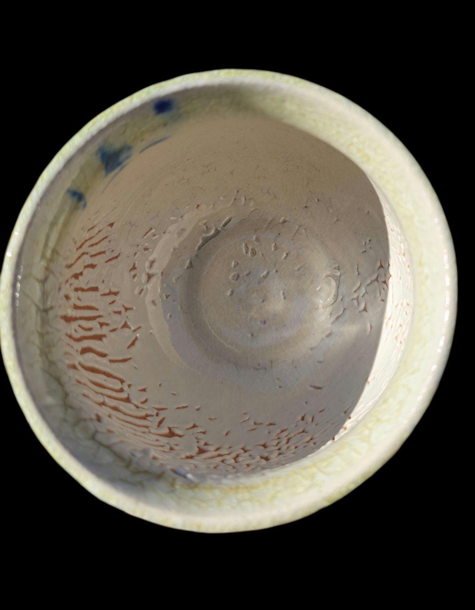 Soda Fired Waves Pot Carved Shino Stoneware Ceramic Art Cobalt Beach Sun Motif 4.5"