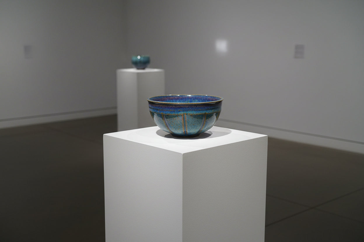 Handmade Footed Ceramic Bowl: Fluted Carved Stoneware, Gas Fired Rutile Glaze, Signed Art Pottery