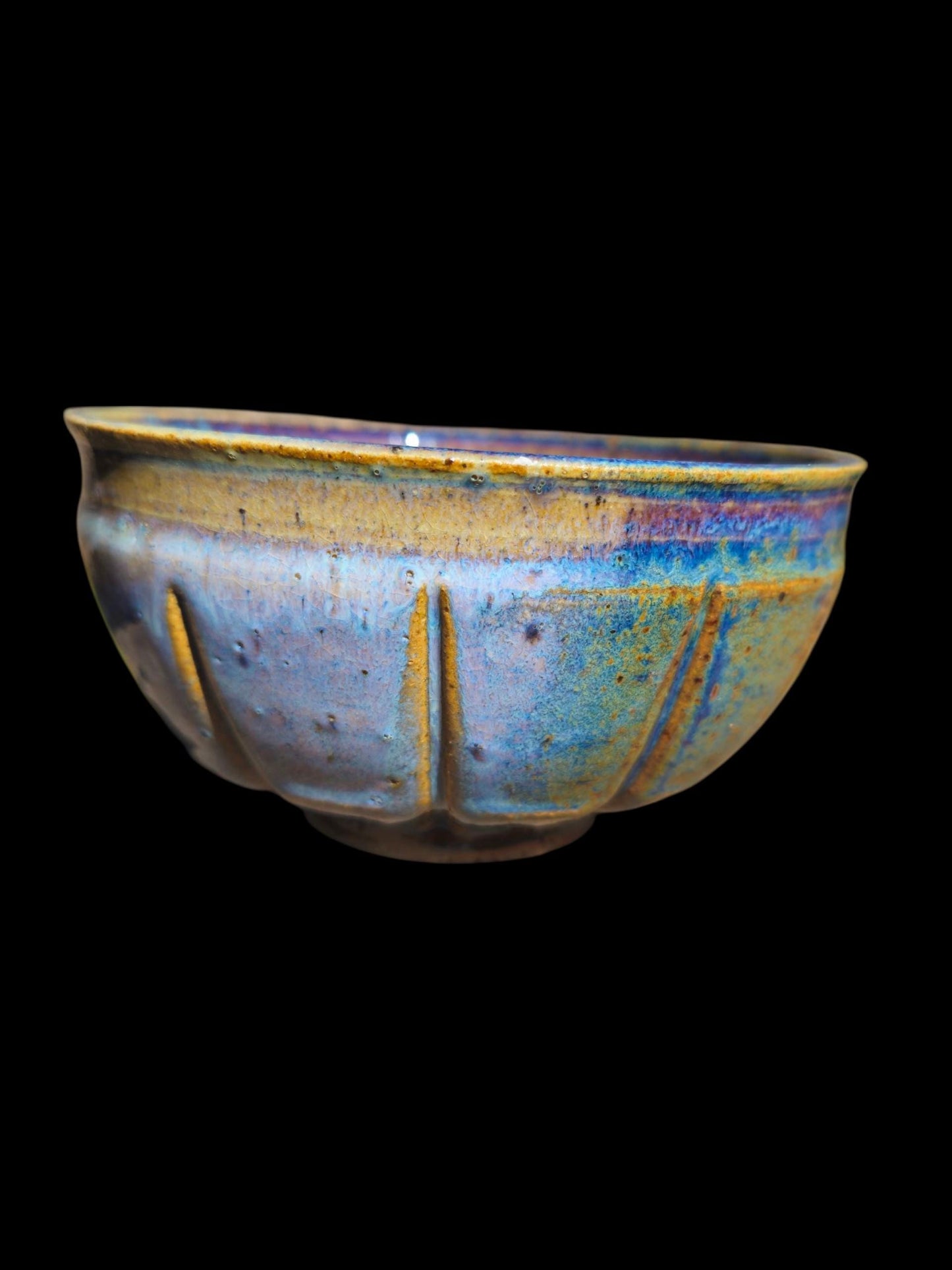 Handmade Footed Ceramic Bowl: Fluted Carved Stoneware, Gas Fired Rutile Glaze, Signed Art Pottery