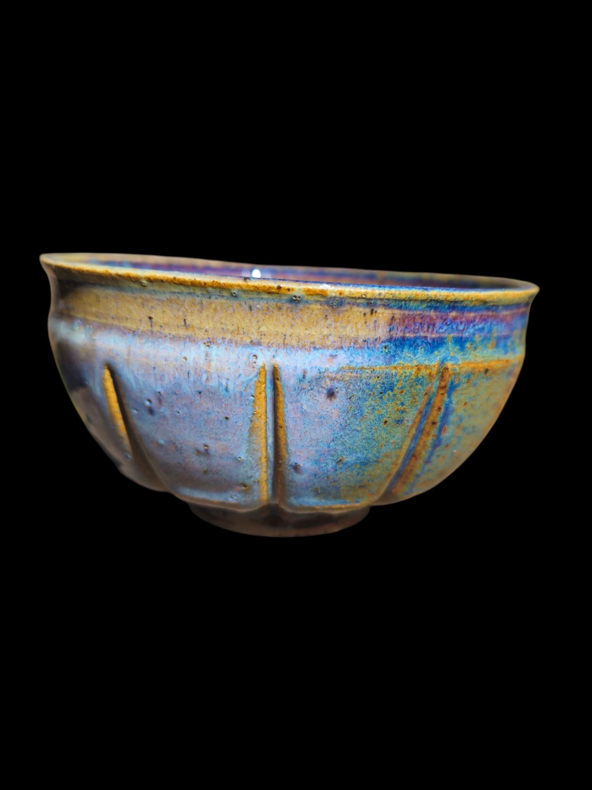 Handmade Footed Ceramic Bowl: Fluted Carved Stoneware, Gas Fired Rutile Glaze, Signed Art Pottery