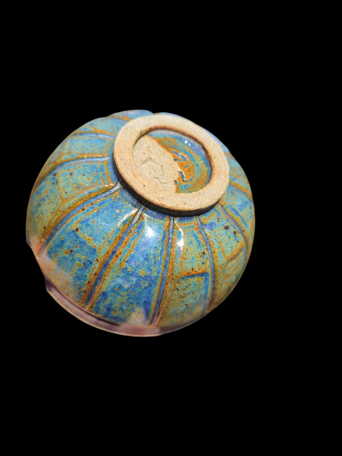 Handmade Footed Ceramic Bowl: Fluted Carved Stoneware, Gas Fired Rutile Glaze, Signed Art Pottery