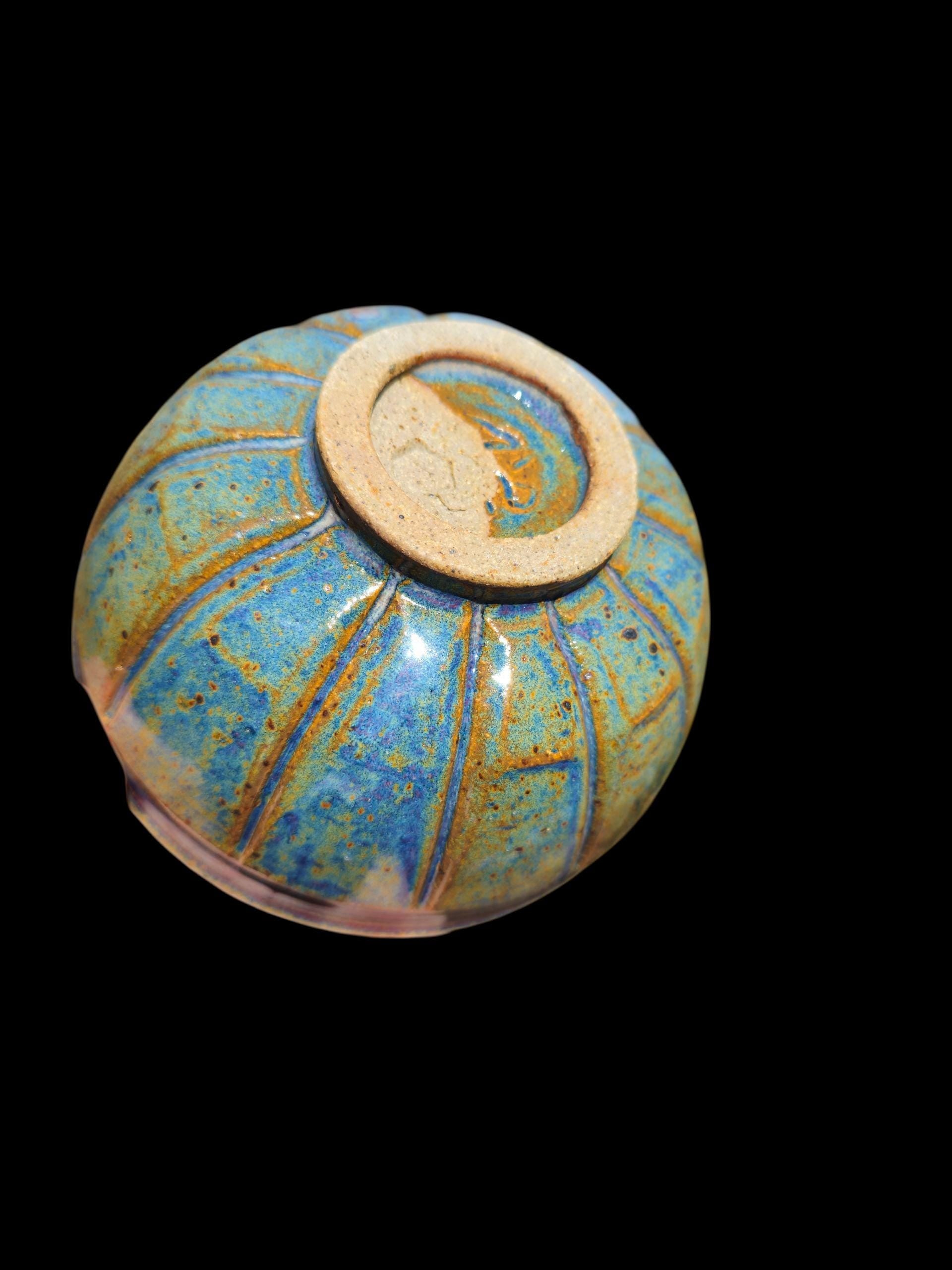 Handmade Footed Ceramic Bowl: Fluted Carved Stoneware, Gas Fired Rutile Glaze, Signed Art Pottery