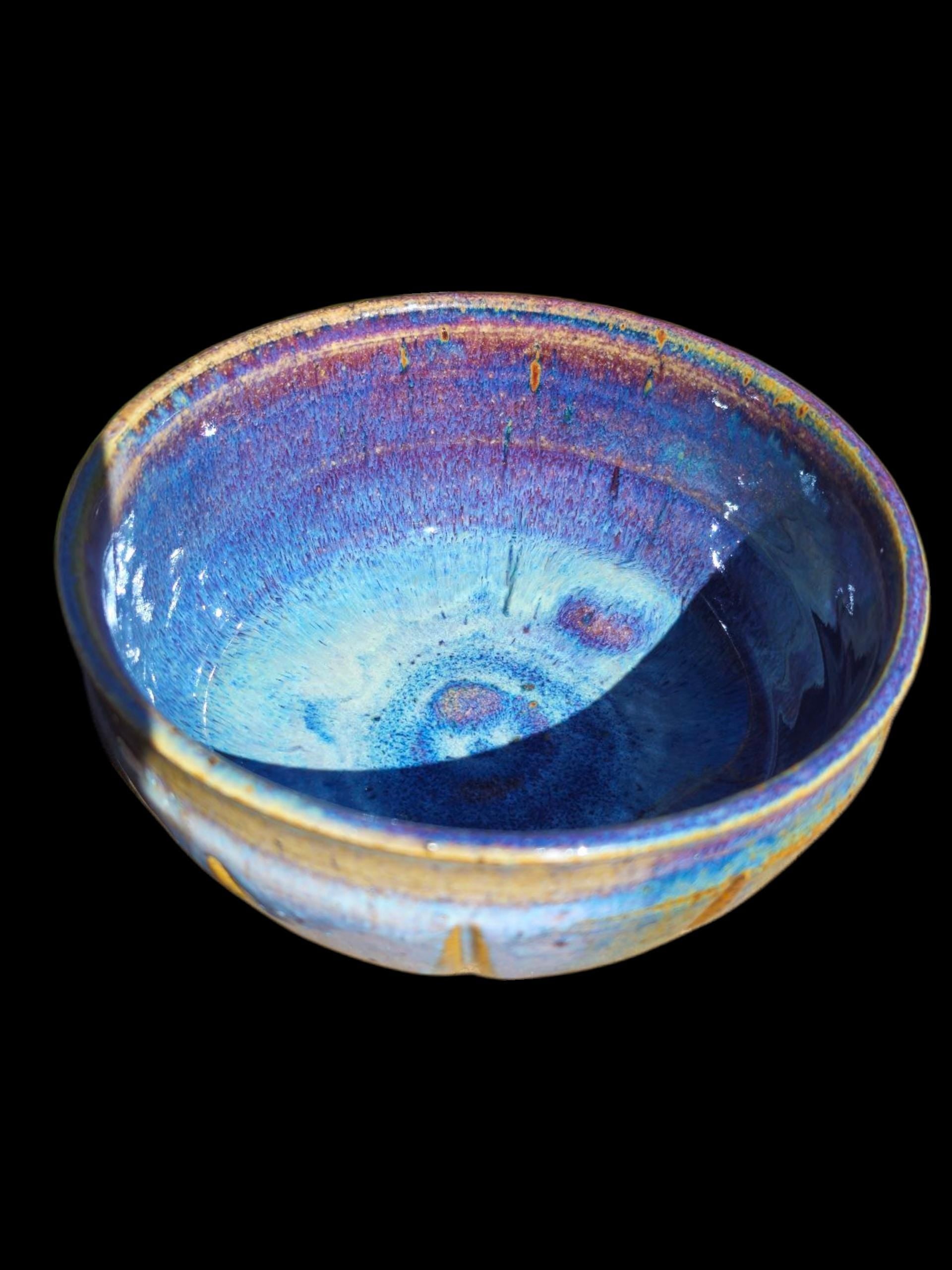 Handmade Footed Ceramic Bowl: Fluted Carved Stoneware, Gas Fired Rutile Glaze, Signed Art Pottery