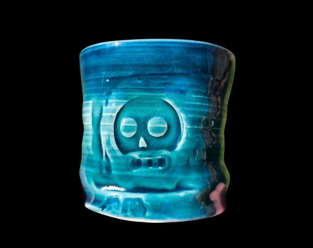 Handmade Skull Blue Aqua Fade porcelain Pottery Mug: Ceramic Coffee Cup 8 oz