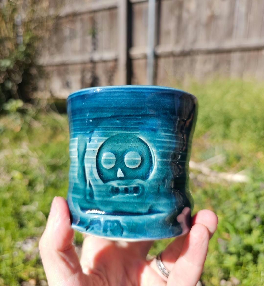 Handmade Skull Blue Aqua Fade porcelain Pottery Mug: Ceramic Coffee Cup 8 oz