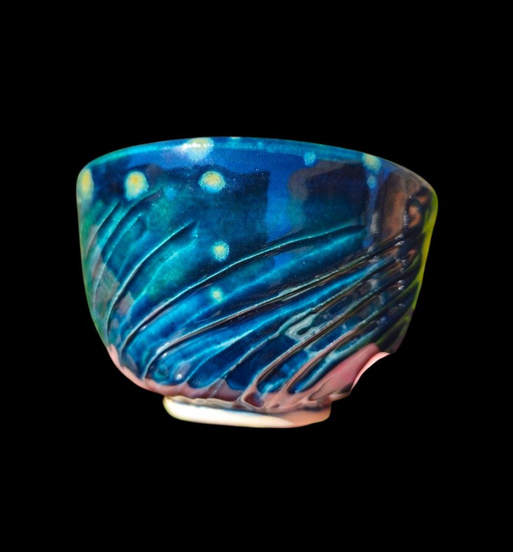 Carved Celadon Pottery Bowl: Fireflies Night Sky Glaze, Wheel Thrown Handmade Stoneware Art Gift