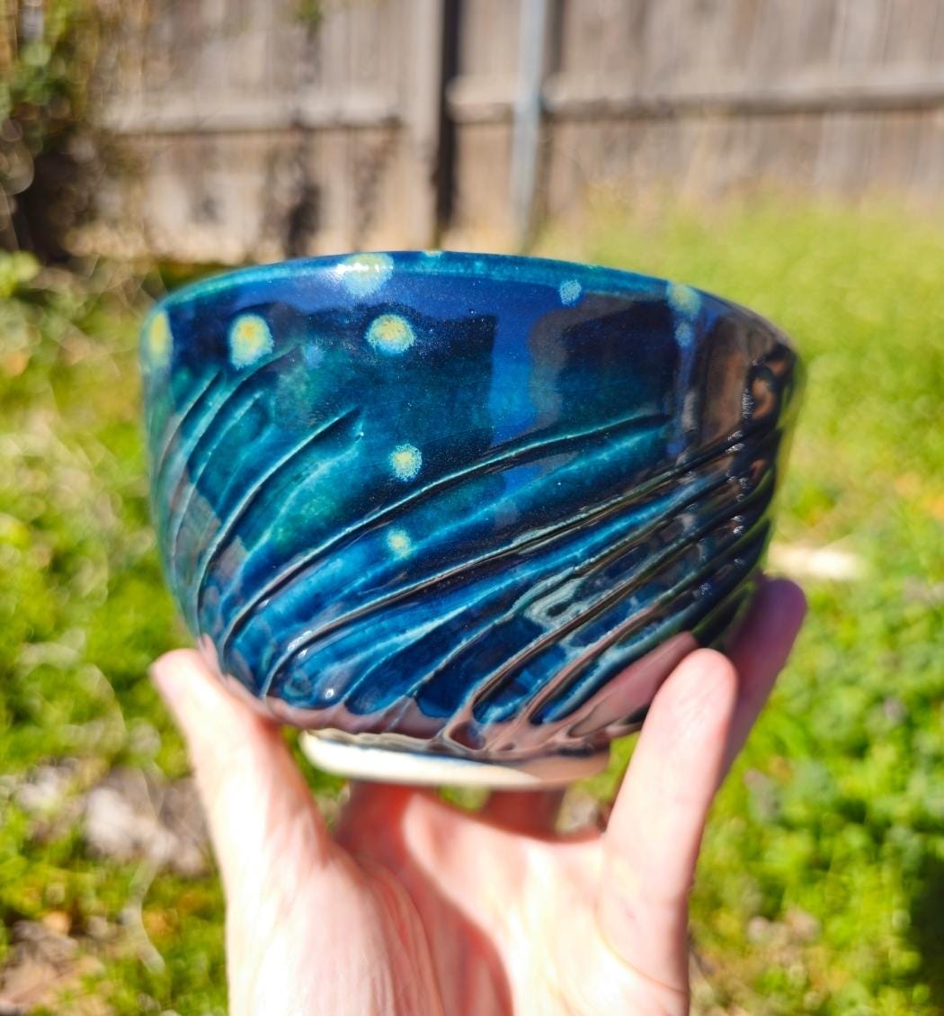 Carved Celadon Pottery Bowl: Fireflies Night Sky Glaze, Wheel Thrown Handmade Stoneware Art Gift