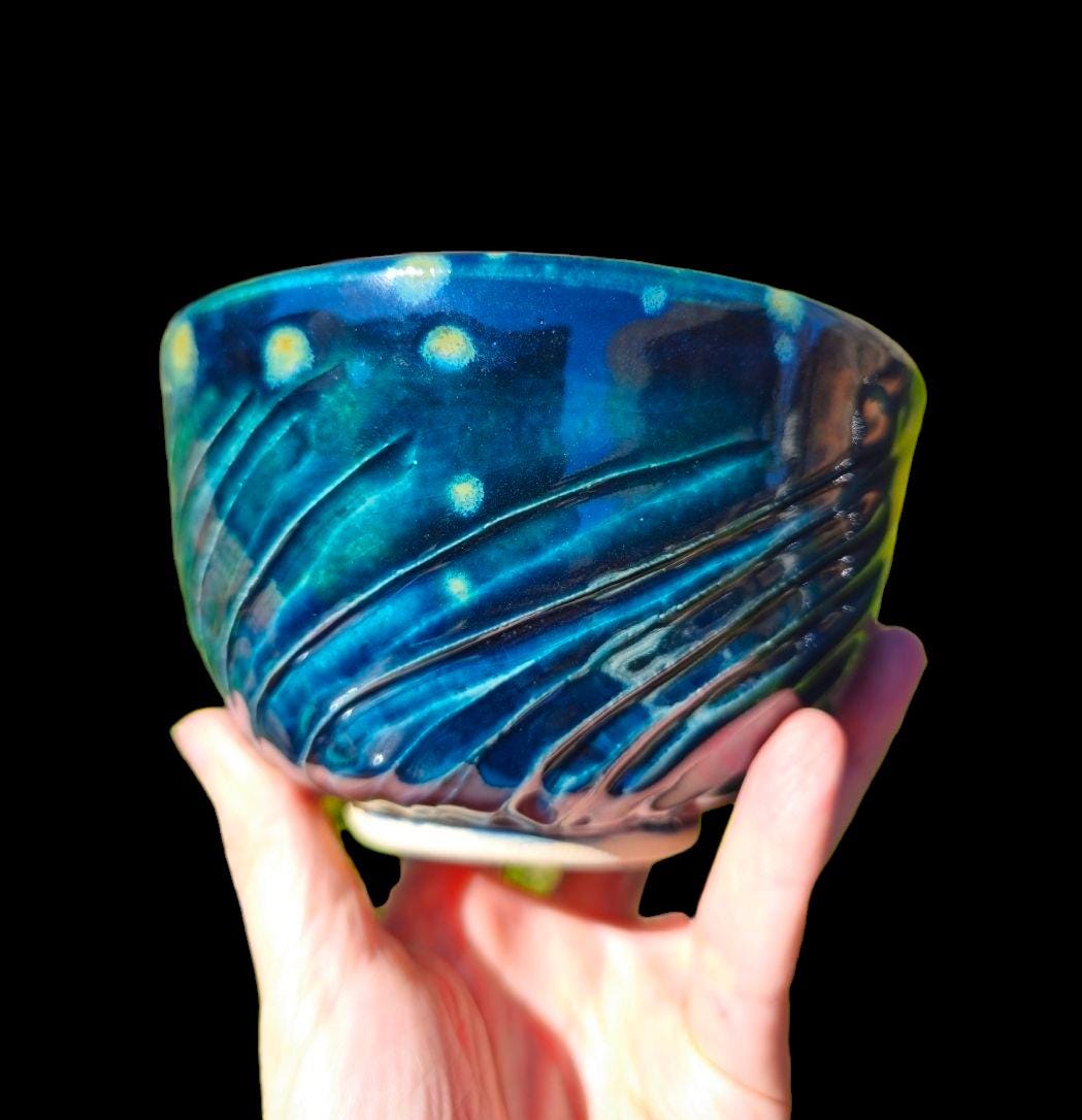 Carved Celadon Pottery Bowl: Fireflies Night Sky Glaze, Wheel Thrown Handmade Stoneware Art Gift