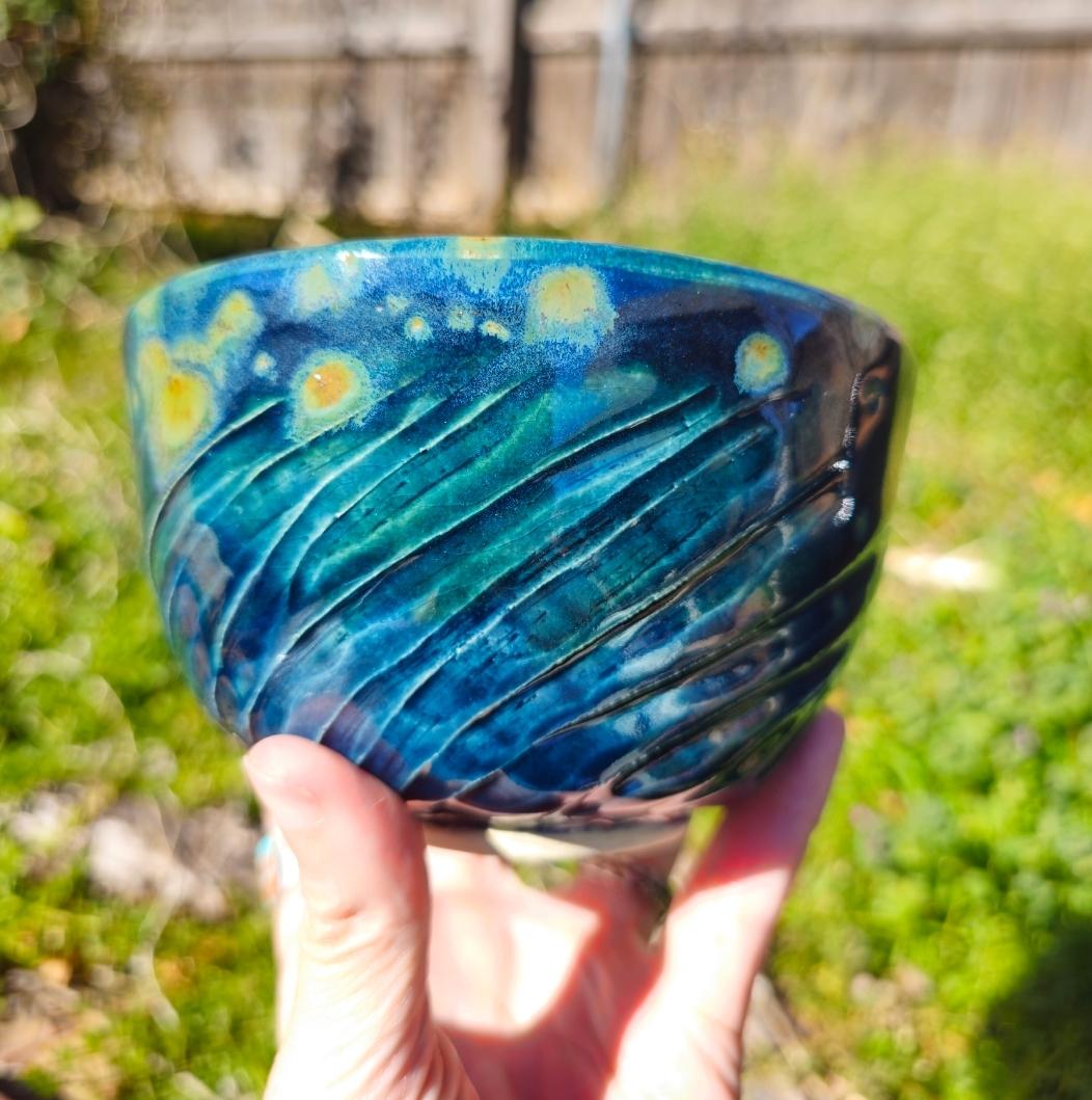 Carved Celadon Pottery Bowl: Fireflies Night Sky Glaze, Wheel Thrown Handmade Stoneware Art Gift