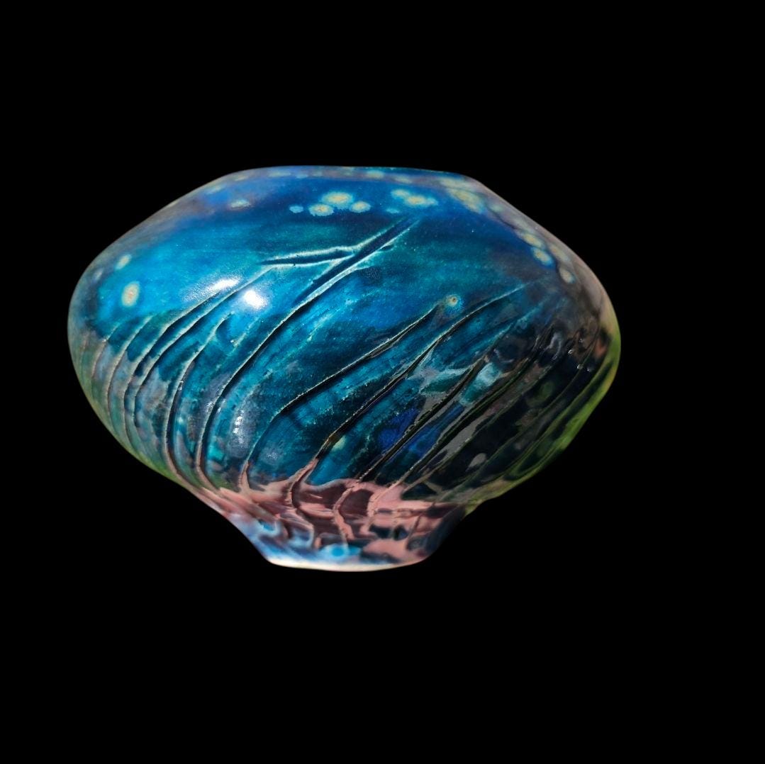 Carved Stoneware Moon Jar Vase: Fireflies Series, Celadon Glaze, Signed Lin Kensington