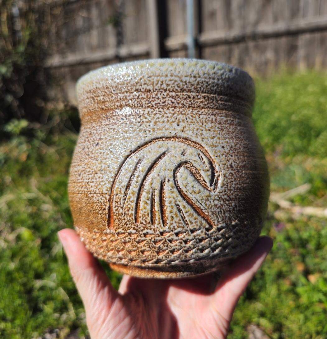 Soda Fired Wave vase Pot Carved Stoneware Ceramic Art 5"