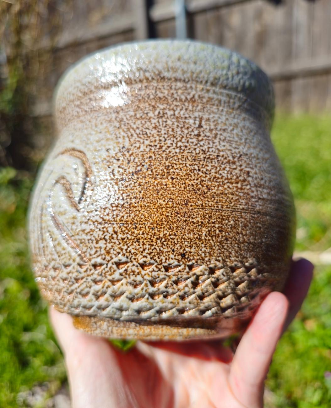 Soda Fired Wave vase Pot Carved Stoneware Ceramic Art 5"