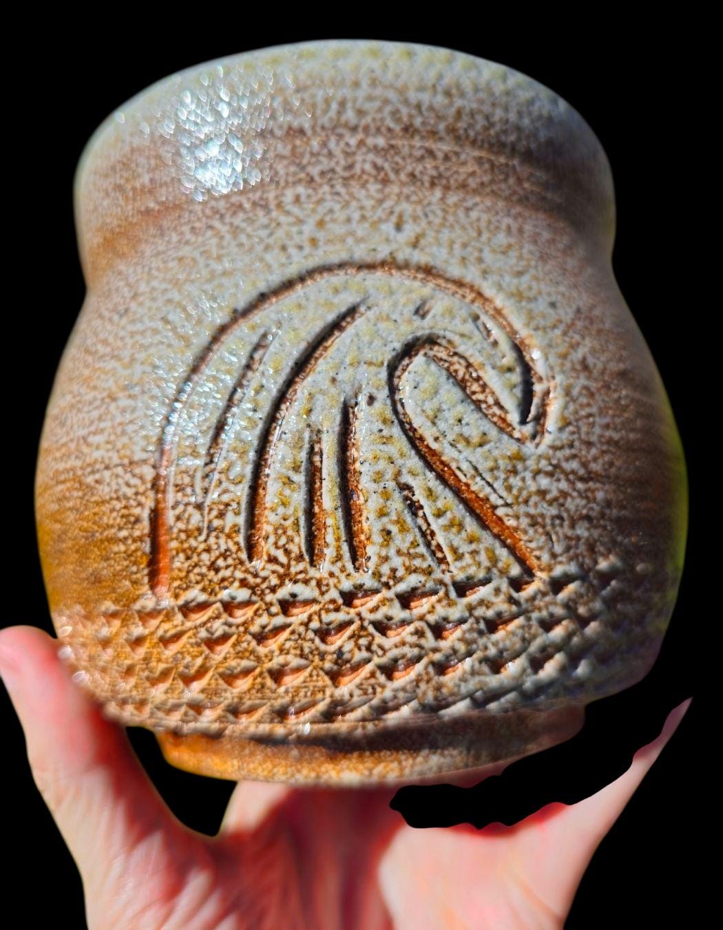 Soda Fired Wave vase Pot Carved Stoneware Ceramic Art 5"