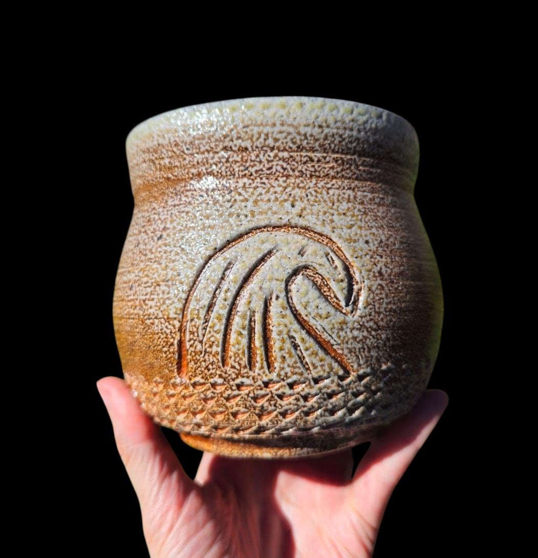 Soda Fired Wave vase Pot Carved Stoneware Ceramic Art 5"