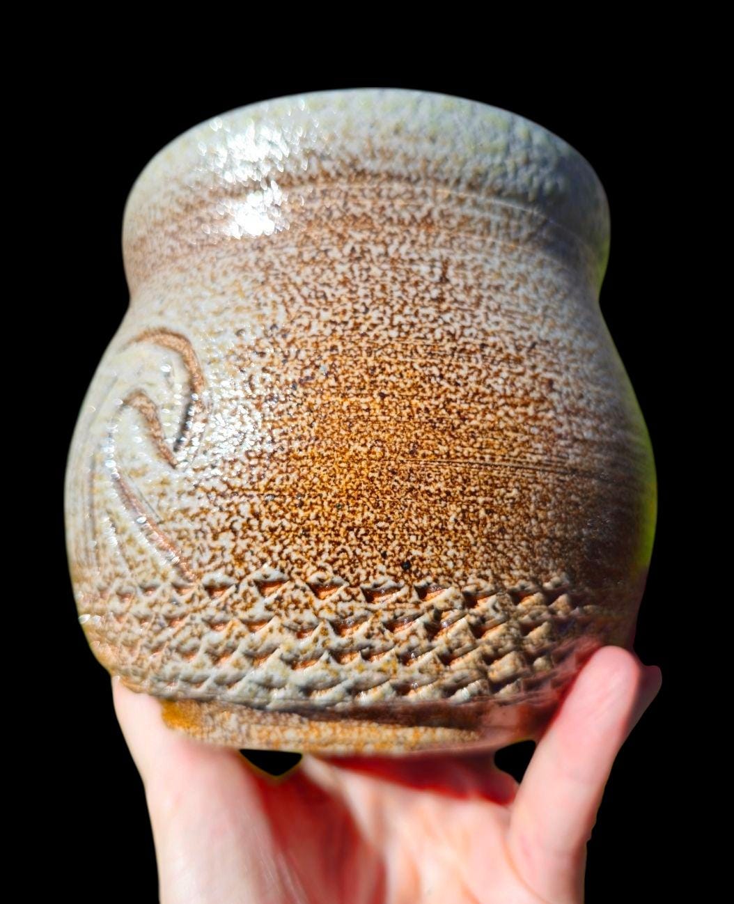 Soda Fired Wave vase Pot Carved Stoneware Ceramic Art 5"