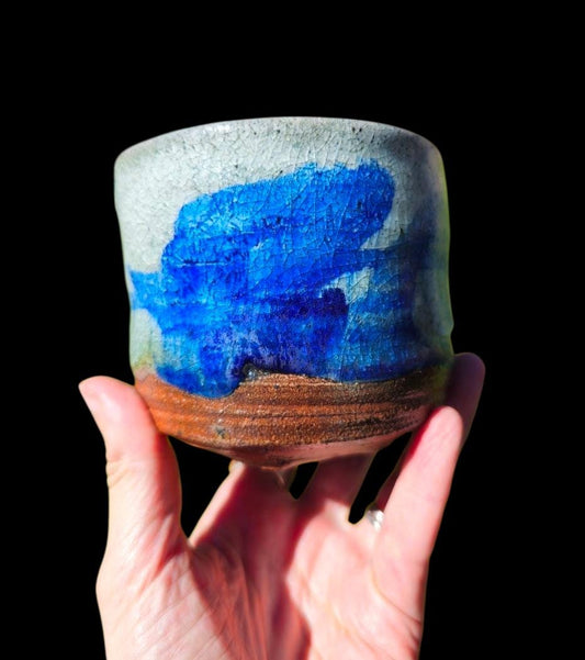 Soda-Fired Shino Chawan: Cobalt Blue Ceramic Tea Bowl, Carved Foot Functional Art
