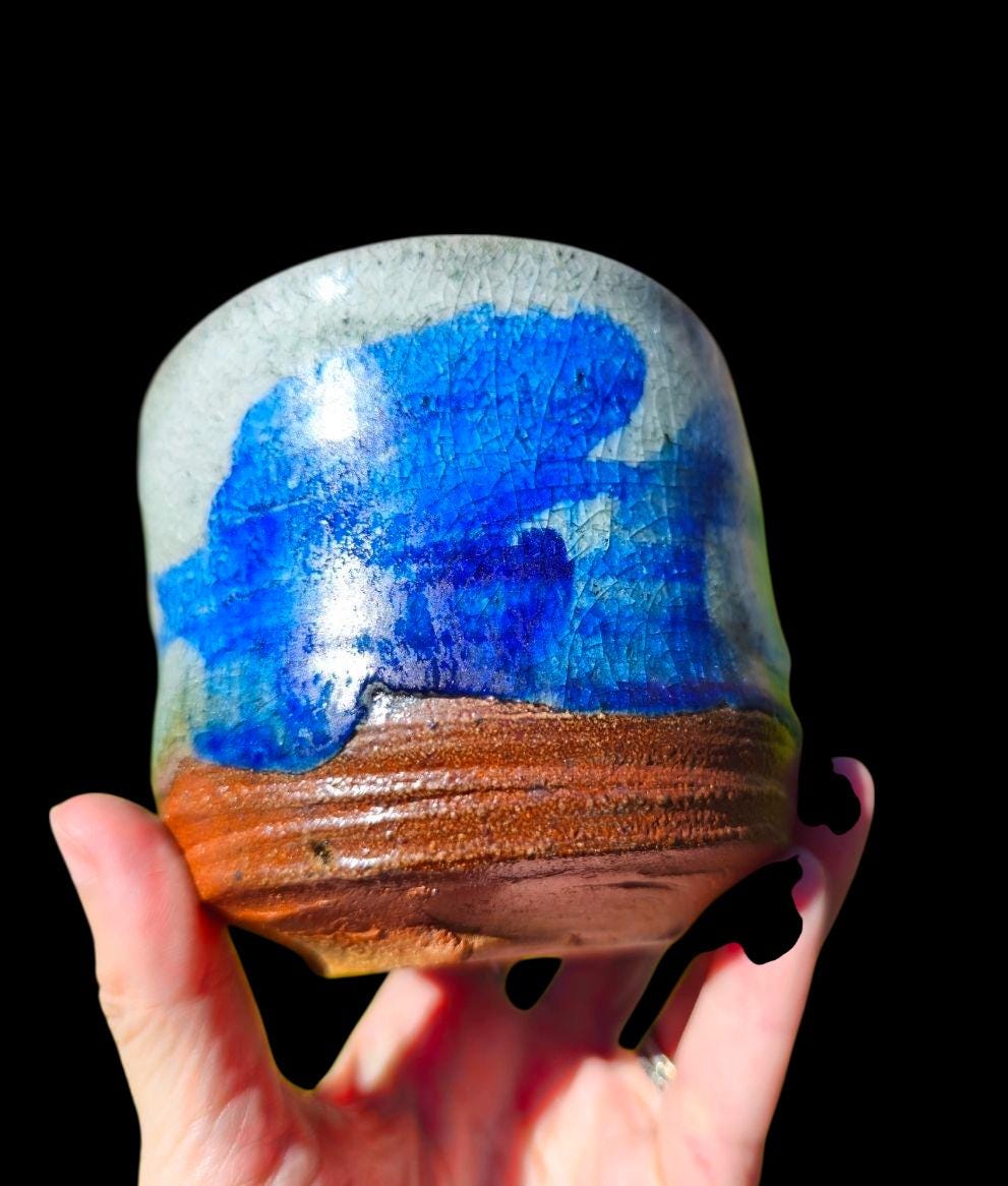 Soda-Fired Shino Chawan: Cobalt Blue Ceramic Tea Bowl, Carved Foot Functional Art