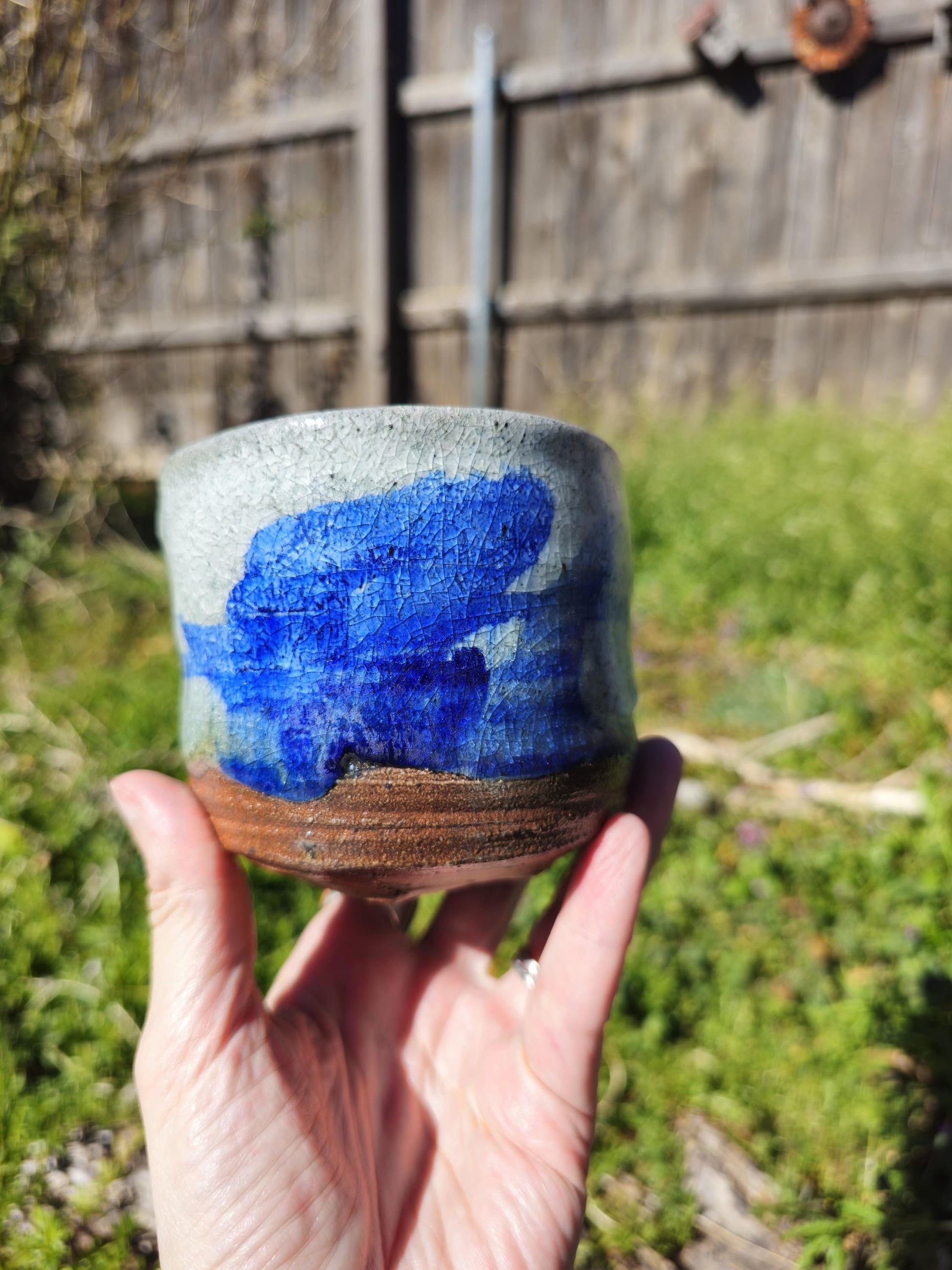 Soda-Fired Shino Chawan: Cobalt Blue Ceramic Tea Bowl, Carved Foot Functional Art