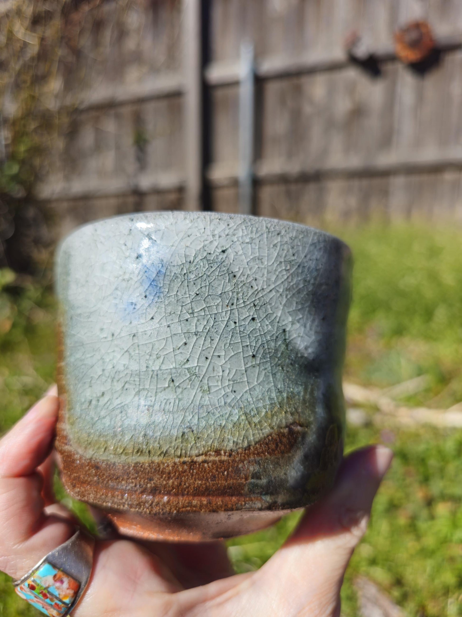 Soda-Fired Shino Chawan: Cobalt Blue Ceramic Tea Bowl, Carved Foot Functional Art