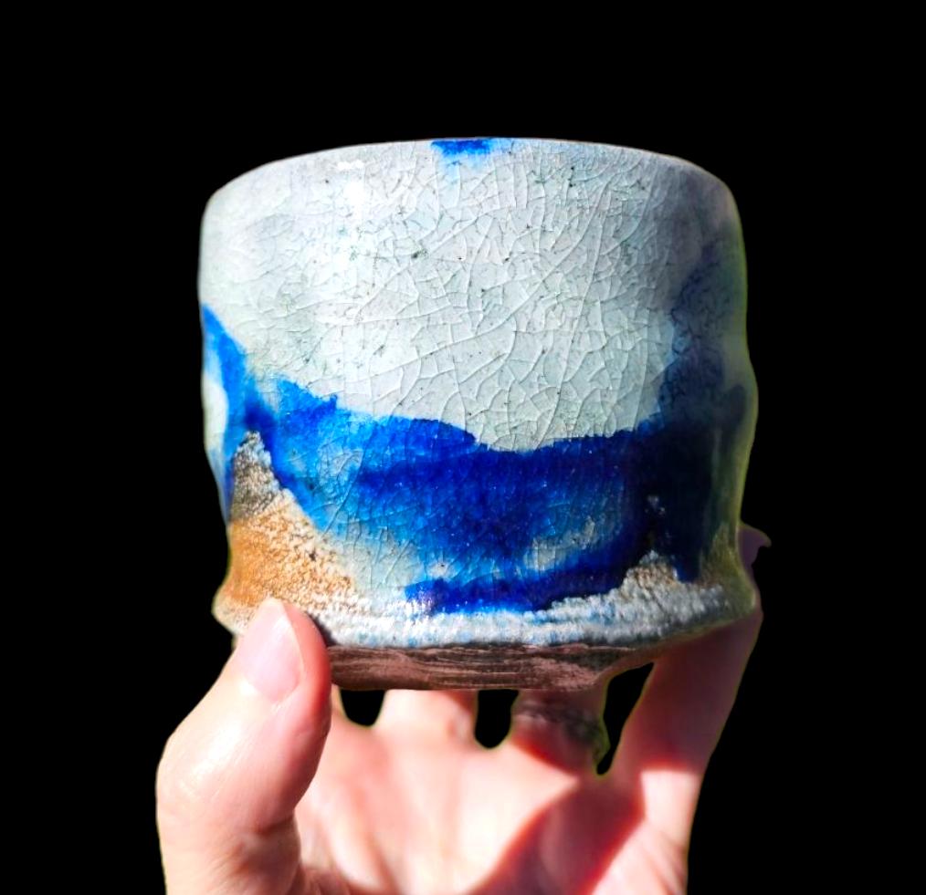 4" Soda-Fired Shino Chawan: Cobalt Blue, Carved Foot, Functional Art