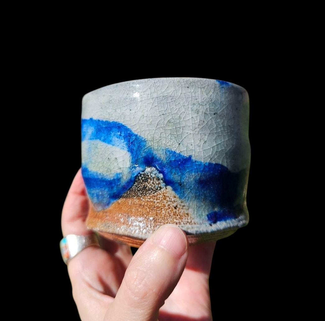 4" Soda-Fired Shino Chawan: Cobalt Blue, Carved Foot, Functional Art