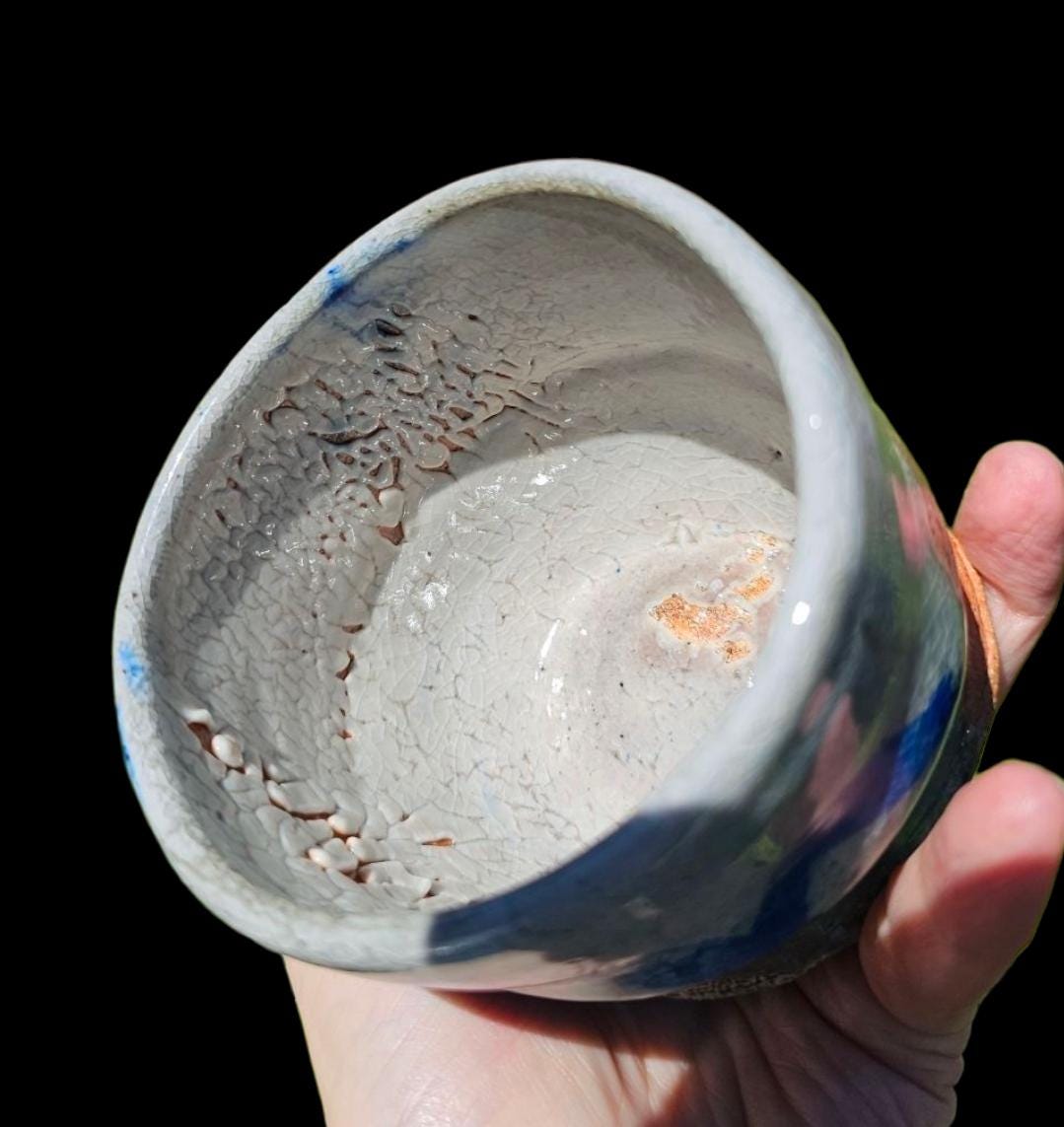 4" Soda-Fired Shino Chawan: Cobalt Blue, Carved Foot, Functional Art