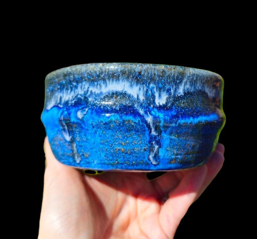 Gas Fired Stoneware Chawan 5" x 3" Ocean Wave inspired blue w Artistic foot