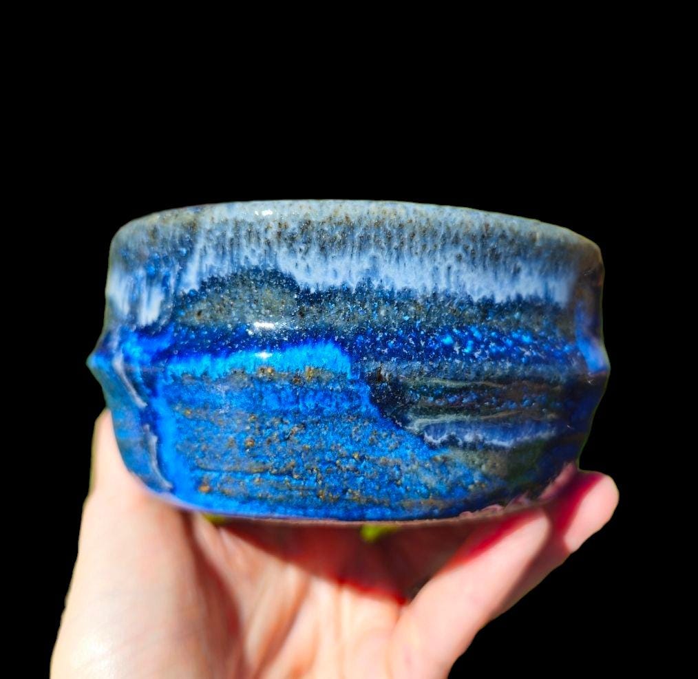 Gas Fired Stoneware Chawan 5" x 3" Ocean Wave inspired blue w Artistic foot