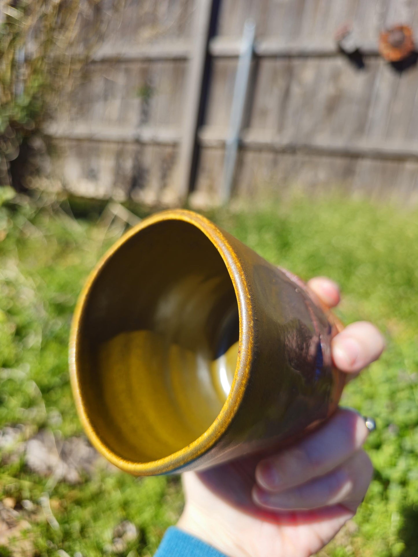 Soda Fired Carved Stoneware Cup Kurinuki Style Teadust Glaze Rustic 8 oz 4x4"