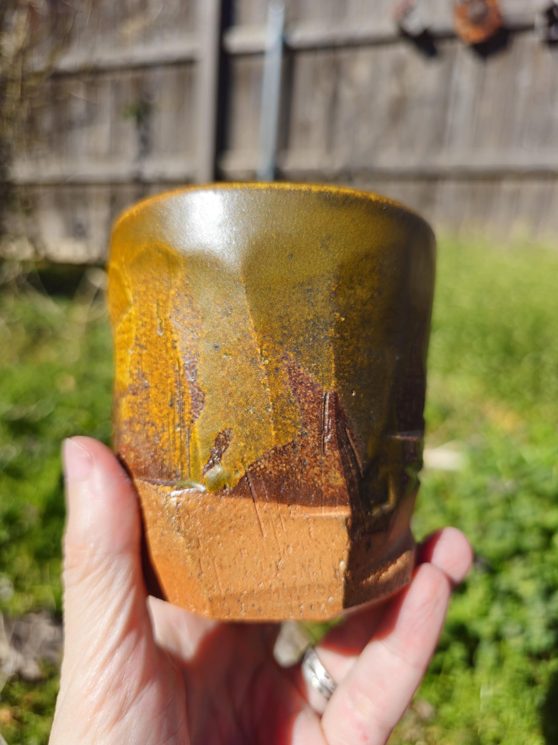 Soda Fired Carved Stoneware Cup Kurinuki Style Teadust Glaze Rustic 8 oz 4x4"