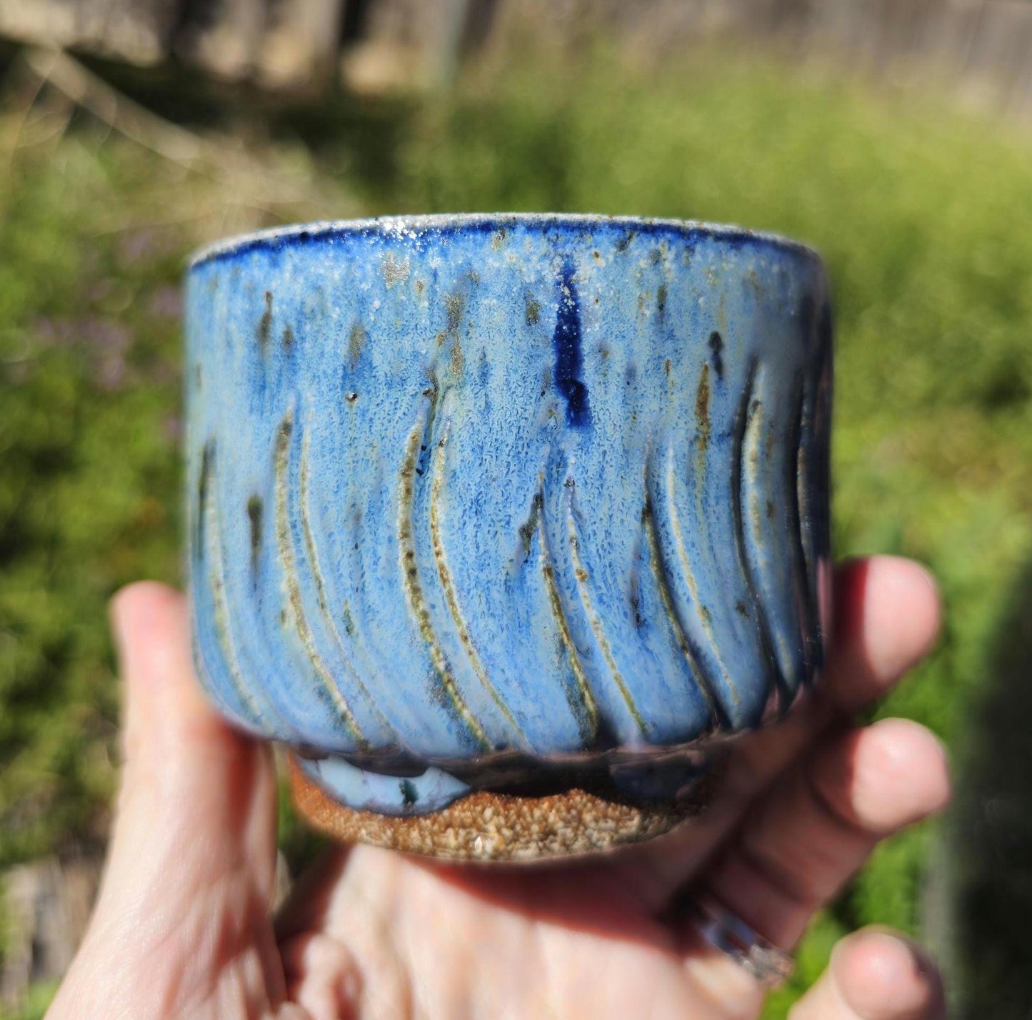 Soda Fired Carved Stoneware Cup Blue Glaze Footed Cortado 5 oz handmade pottery
