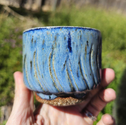 Soda Fired Carved Stoneware Cup Blue Glaze Footed Cortado 5 oz handmade pottery